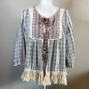 Knox Rose Boho Embroidered Fringe Tie Front Kimono Topper Size XXL